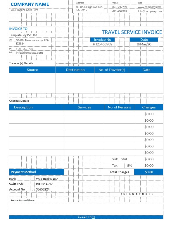 Editable Travel Service Invoice Template PSD template